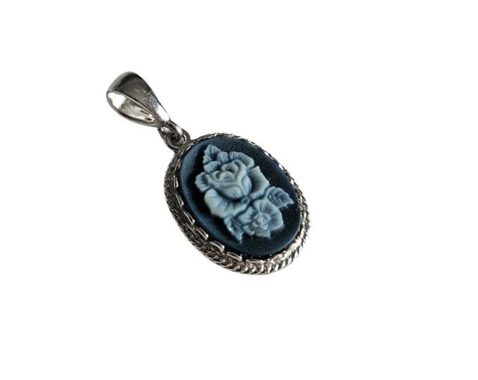 Blue Agate Cameo Pendant: Sterling Silver Rose Floral