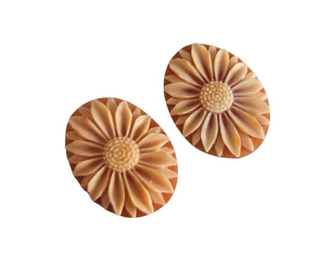 Pair of Flower Cameos, Hand Carved Carnelian Shell, Italian Jewelry