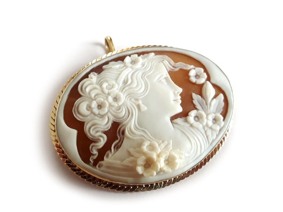 Gold Flora Cameo Brooch Pendant: Hand Carved Sardonyx Shell