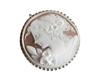 Shell Cameo Brooch Pendant: Goddess Profile, Sterling Silver, Italian Jewelry