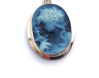 Blue Agate Cameo Brooch Pendant: Sterling Silver Lady & Fairy, Italian Jewelry