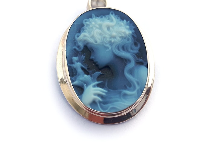 Blue cameo brooch pendant lady & fairy italian cameo jewelry donadio agate stone cameos broche camée pendentif camafeo カメオブローチ камея брошь