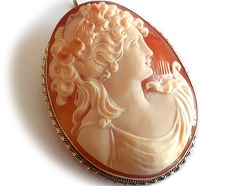 Gold shell cameo brooch & pendant Sappho profile italian cameo jewelry donadio cameos shell broche camée camafeu Камуфляжная брошь カメオブローチ