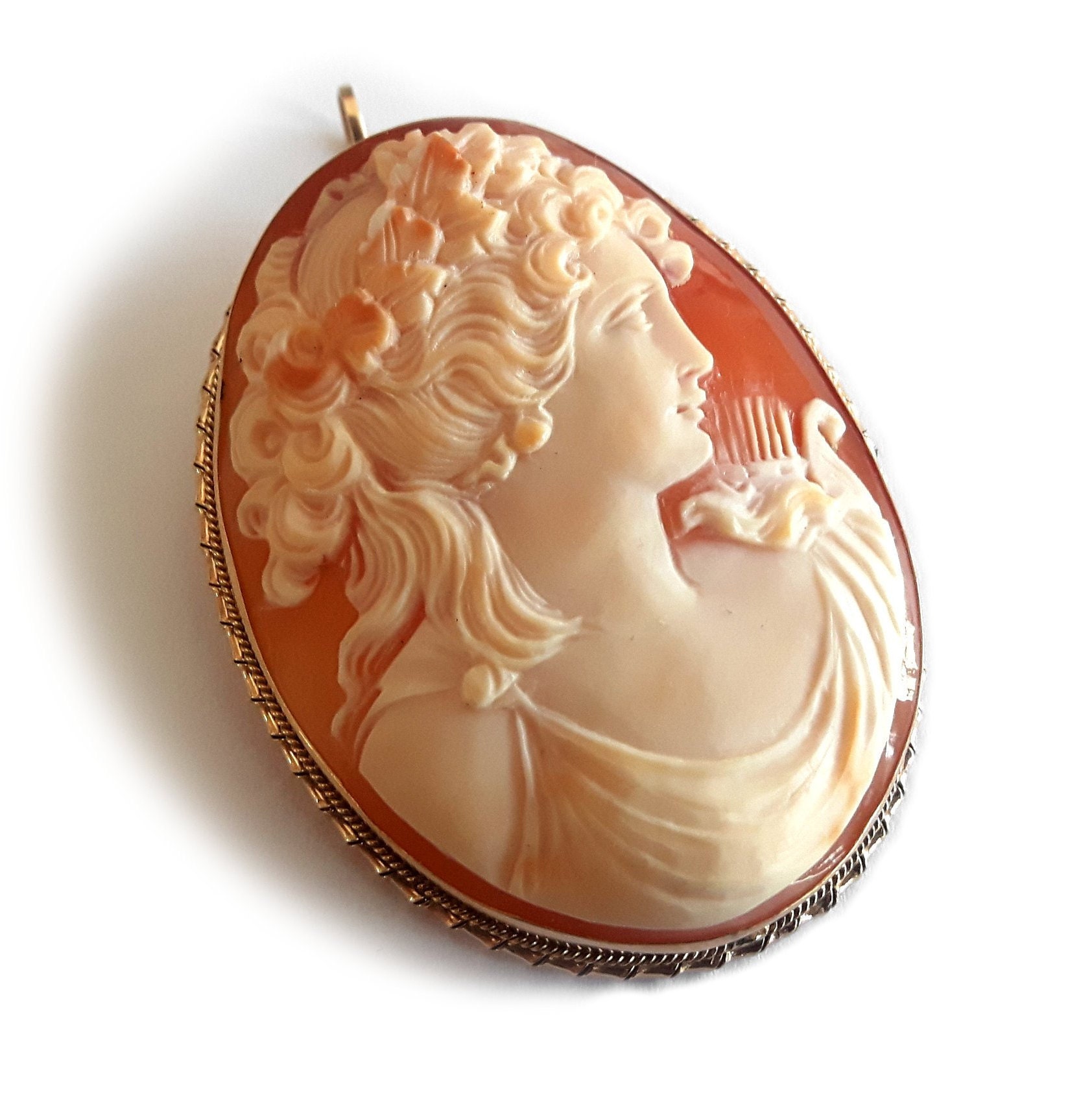 Gold shell cameo brooch & pendant Sappho profile italian cameo