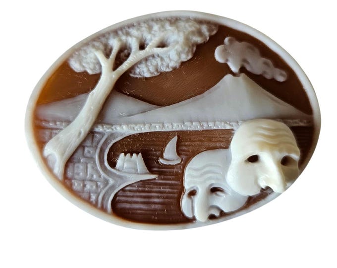 Hand Carved Sardonyx Shell Cameo: Vesuvius & Pulcinella, Naples Italy