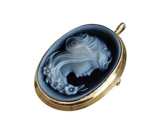 Blue Agate Cameo Brooch Pendant: 9kt Gold Lady Profile, Italian Jewelry