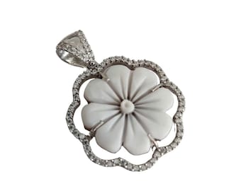 Shell Cameo Pendant, Sterling Silver Daisy, Zircon Gemstones