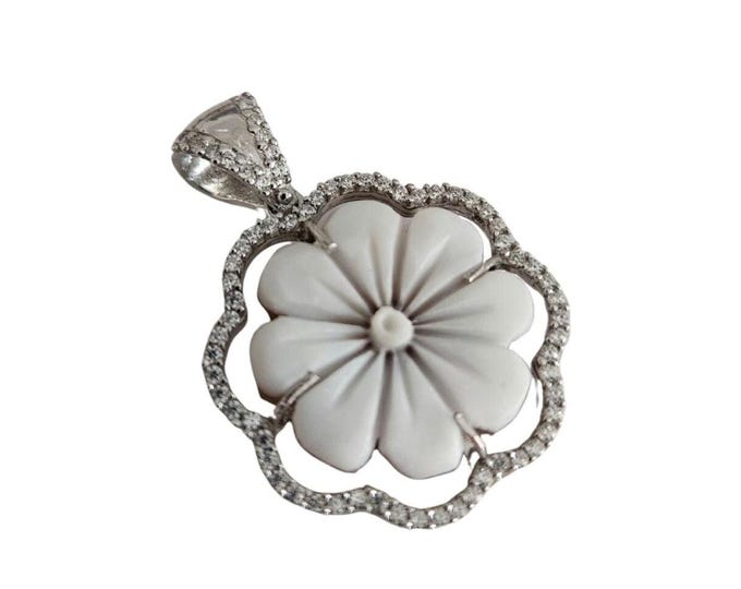 Shell Cameo Pendant, Sterling Silver Daisy, Zircon Gemstones
