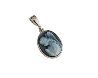 Blue Agate Angel Cameo Pendant: 925 Sterling Silver