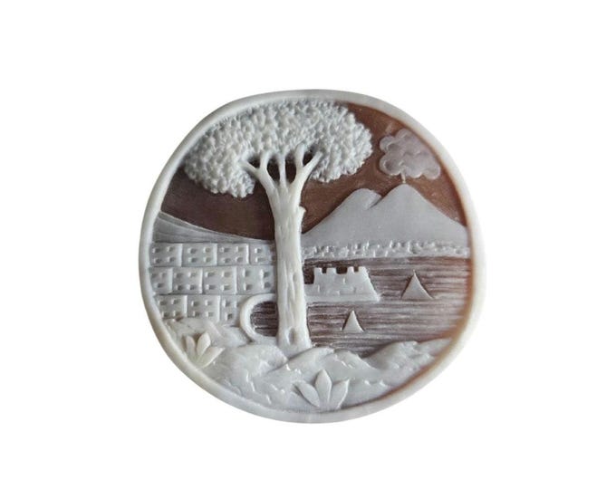 Hand Carved Sardonyx Shell Cameo: Napoli Vesuvio, Italy (40mm)