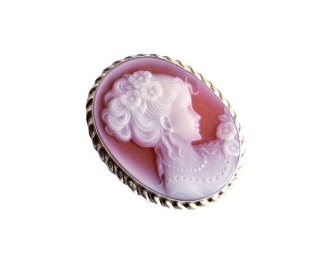 Red Agate Cameo Brooch Pendant: Sterling Silver Lady Profile