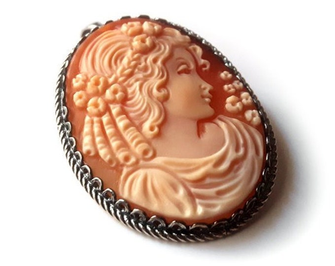 Shell cameo brooch & pendant dark silver italian cameos jewelry donadio cameos shell broche camée camafeo カメオブローチ камея брошь