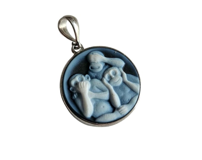 Blue Agate Monkey Cameo Pendant: Sterling Silver Italian Jewelry