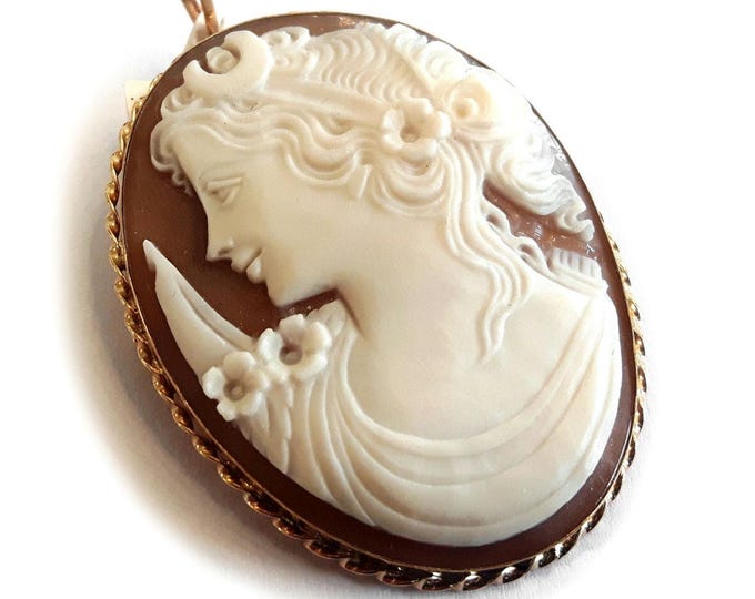 Gold cameo brooch & pendant Diana profile italian cameo jewelry donadio cameo shell broche camée camafeo colgante Камуфляжная брошь カメオブローチ