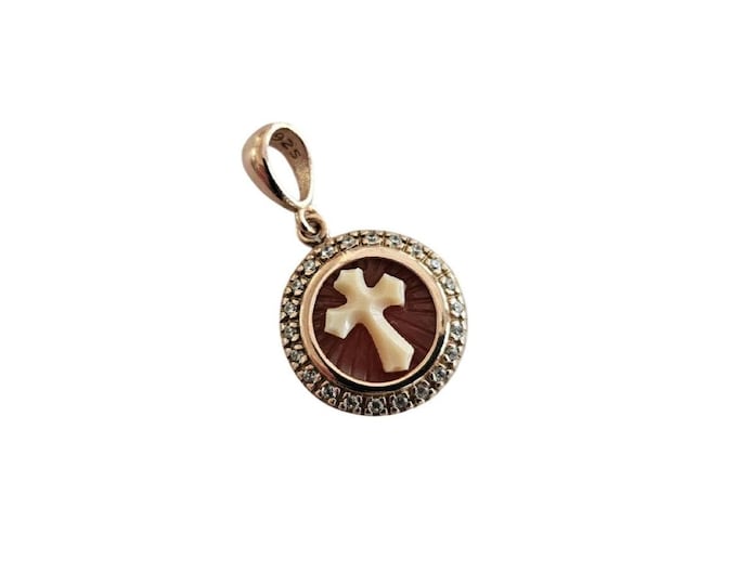 Flower Cross Cameo Pendant: Sterling Silver Pink Gold, Italian Shell Cameo
