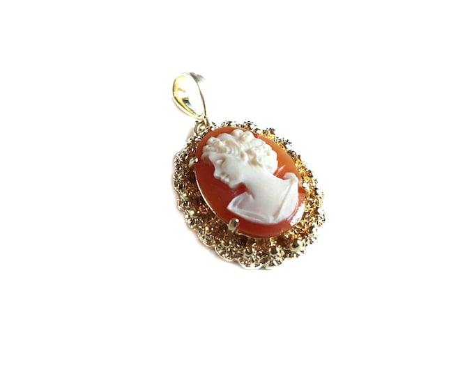 Cornelian Shell Cameo Pendant: Gold Plated Sterling Silver, Italian Jewelry