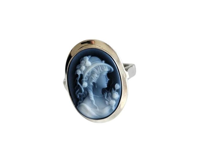 Blue Agate Cameo Ring, Sterling Silver, Lady Profile, Adjustable Size