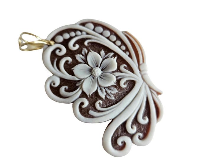 Gold Butterfly Flower Cameo Pendant: Italian Sardonyx Shell Jewelry