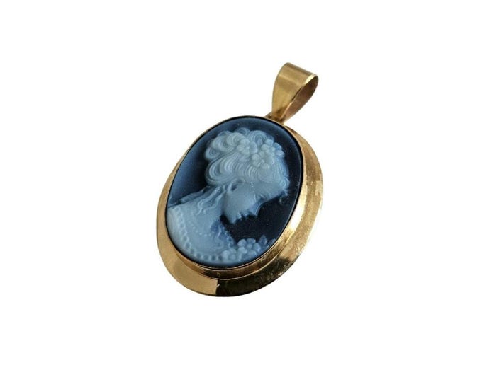 Blue Agate Cameo Pendant: 9kt Gold Woman Profile, Donadio Jewelry