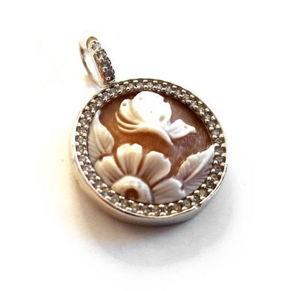 Shell Cameo Pendant Butterfly on Flower Italian Cameo Jewelry