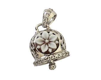 Bell Shape Lotus Cameo Pendant, Sterling Silver Sardonyx Carving
