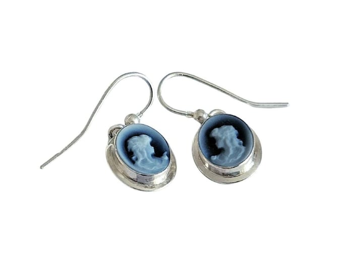Blue Agate Cameo Earrings: Sterling Silver Donadio Jewelry