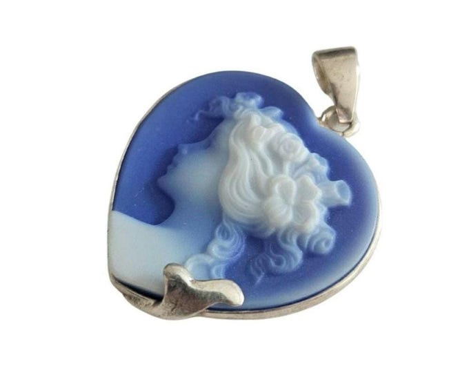 Blue Agate Cameo Pendant, Woman Profile, Sterling Silver Heart Jewelry