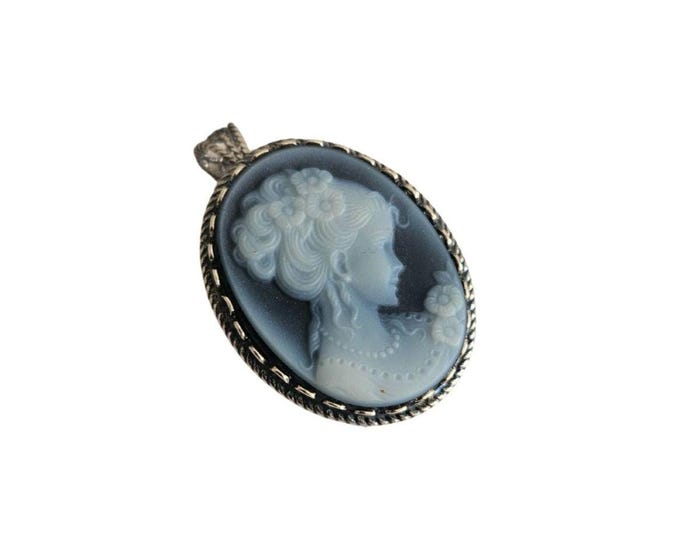 Blue Agate Cameo Brooch Pendant: Sterling Silver Lady Chignon