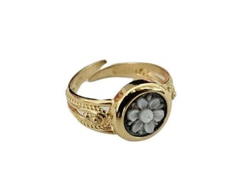 Shell Cameo Ring: Daisy Flower, Gold Plated Sterling Silver, Adjustable