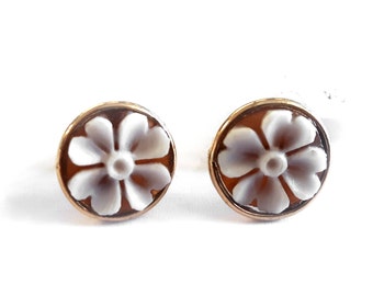 Gold Flower Cameo Earrings: Hand Carved Sardonyx Shell, Italian Jewelry