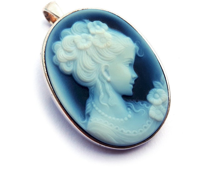 Spilla blu cammeo ciondolo donna italiano cammeo gioielli donadio pietra cammei pendentif broche camée camafeo colgante カメオペンダント Камея