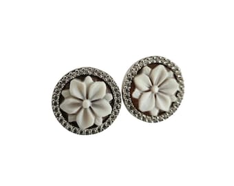 Lotus Flower Cameo Earrings: Sardonyx Shell, Sterling Silver Zircon