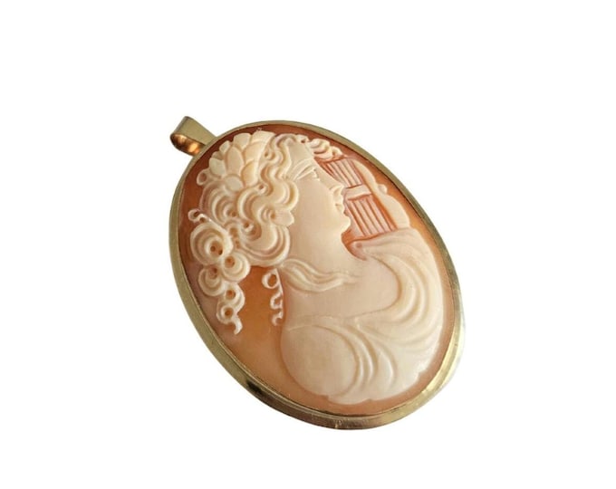 Gold Sappho Cameo Brooch Pendant: Hand Carved Italian Shell Jewelry