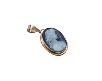 Gold blue cameo pendant lady italian cameo jewelry donadio agate stone cameos pendentif camée colgante de camafeo カメオペンダント Камея подвеска
