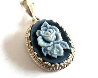 Blue Agate Cameo Pendant: Sterling Silver Rose Floral