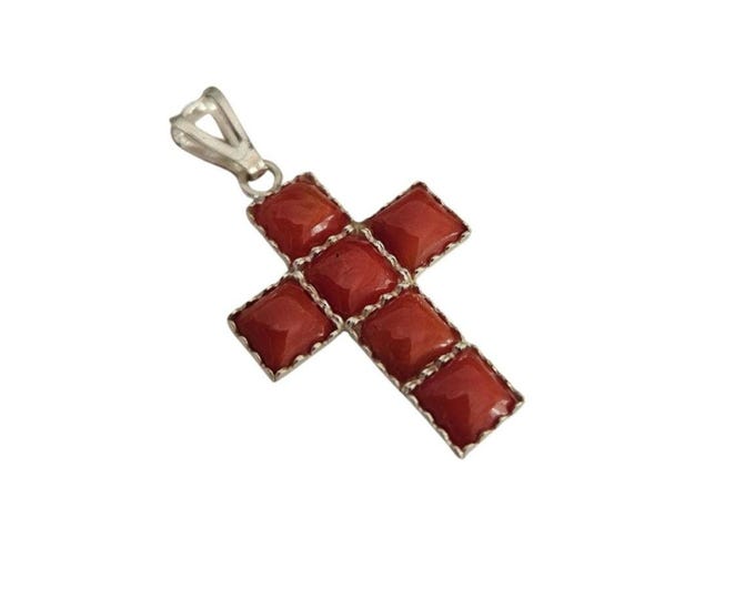 Red Coral Cross Pendant: Sterling Silver Italian Cameo Jewelry