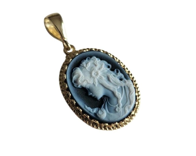 Dark Blue Agate Cameo Pendant: Italian Lady, Gold Plated Silver
