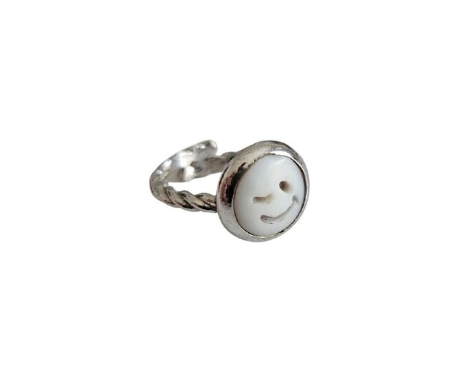 Smile Face Shell Cameo Ring: Hand Carved Sardonyx, 925 Sterling Silver