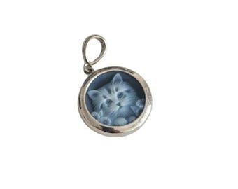 Blue Agate Cat Cameo Pendant: Sterling Silver Italian Jewelry