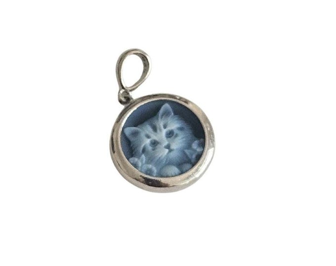 Blue Agate Cat Cameo Pendant: Sterling Silver Italian Jewelry