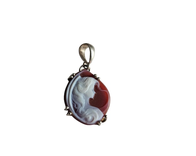 Red Agate Cameo Pendant, Lady Profile, 925 Sterling Silver Italian Jewelry