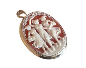 Three graces red stone cameo brooch and pendant set in 925 sterling silver