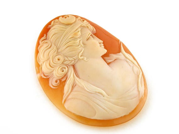 Cornelian Shell Cameo: Diana Goddess, Hand Carved Italian Jewelry (45-50mm)