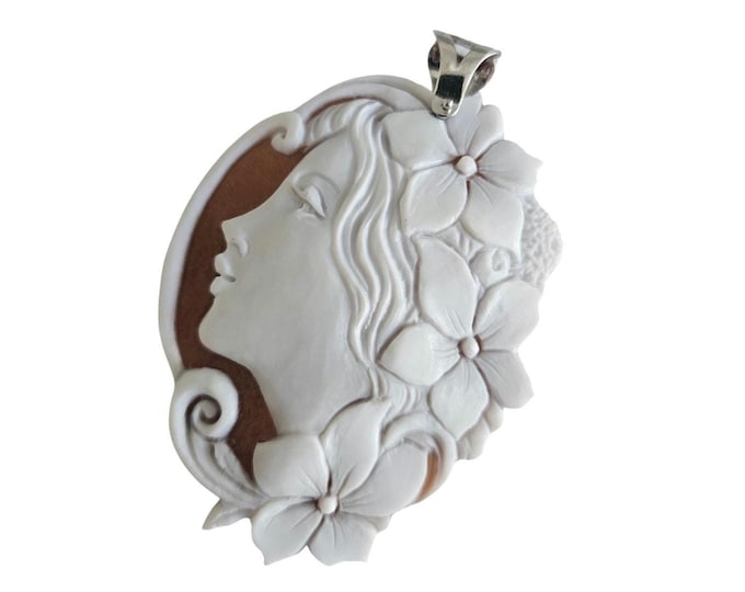 Handmade Sardonic Shell Cameo Pendant: Sterling Silver Floral Woman Profile