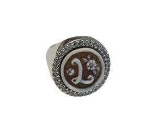 Initial Cameo Ring: Sterling Silver, Hand-Engraved Sardonic Shell