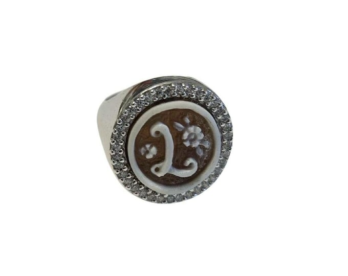 Initial Cameo Ring: Sterling Silver, Hand-Engraved Sardonic Shell