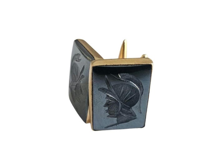 Hand Carved Black Agate Warrior Cameo Cufflinks: 18K Gold Setting