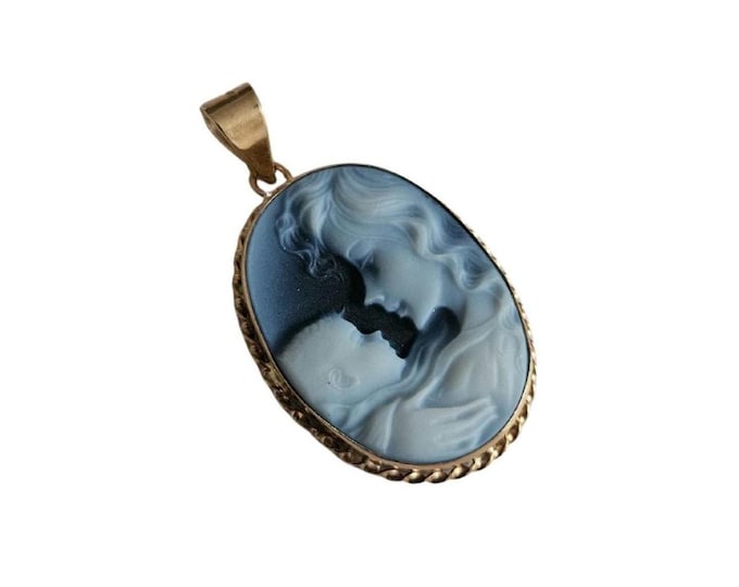 Blue Agate Cameo Pendant: 9kt Gold Mother Child Jewelry