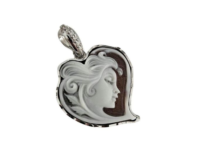Shell Cameo Pendant: Woman profile with Flowers, 925 Sterling Silver, Italian Jewelry
