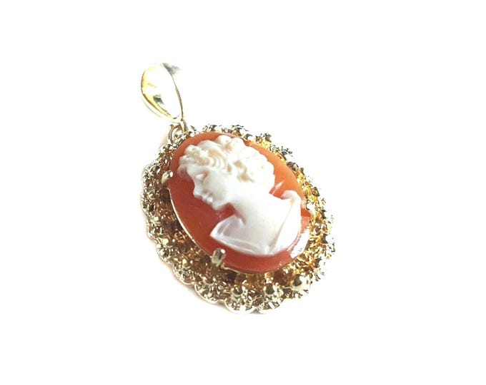 Cornelian Shell Cameo Pendant: Gold Plated Sterling Silver, Italian Jewelry